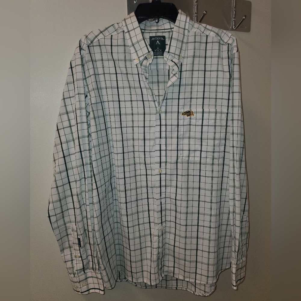 Antigua Men's XL White and Green Plaid NDSU Button Shirt